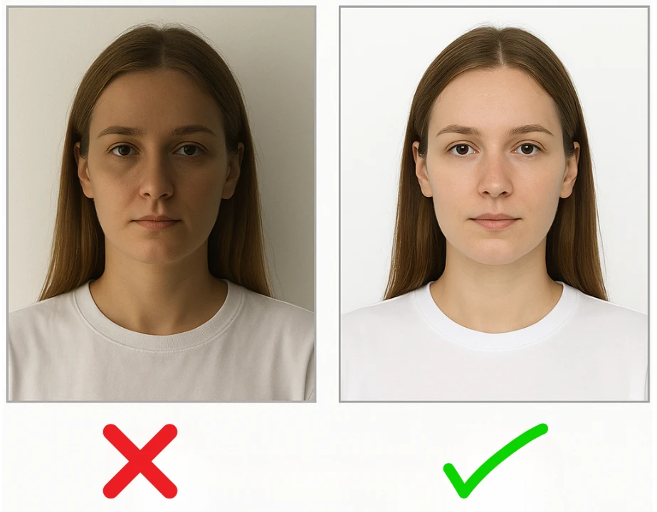 Wrong harsh shadow versus right even lighting face photo