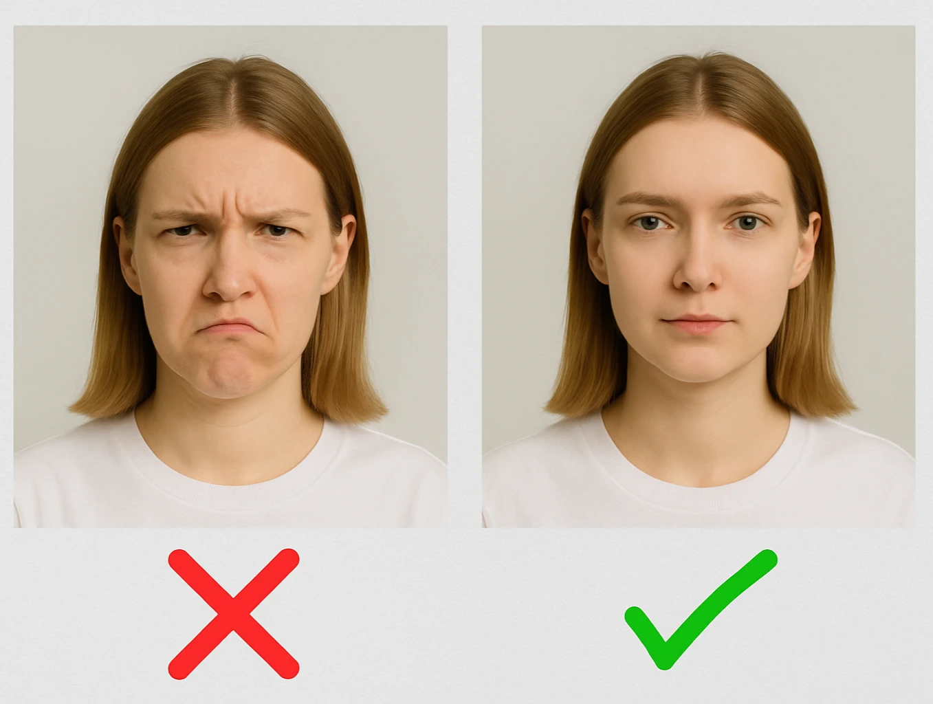 Wrong frowning versus right neutral photo expression
