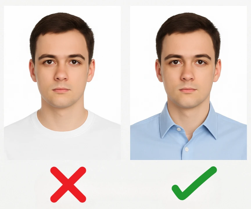 Wrong white shirt blending versus right blue shirt passport photo