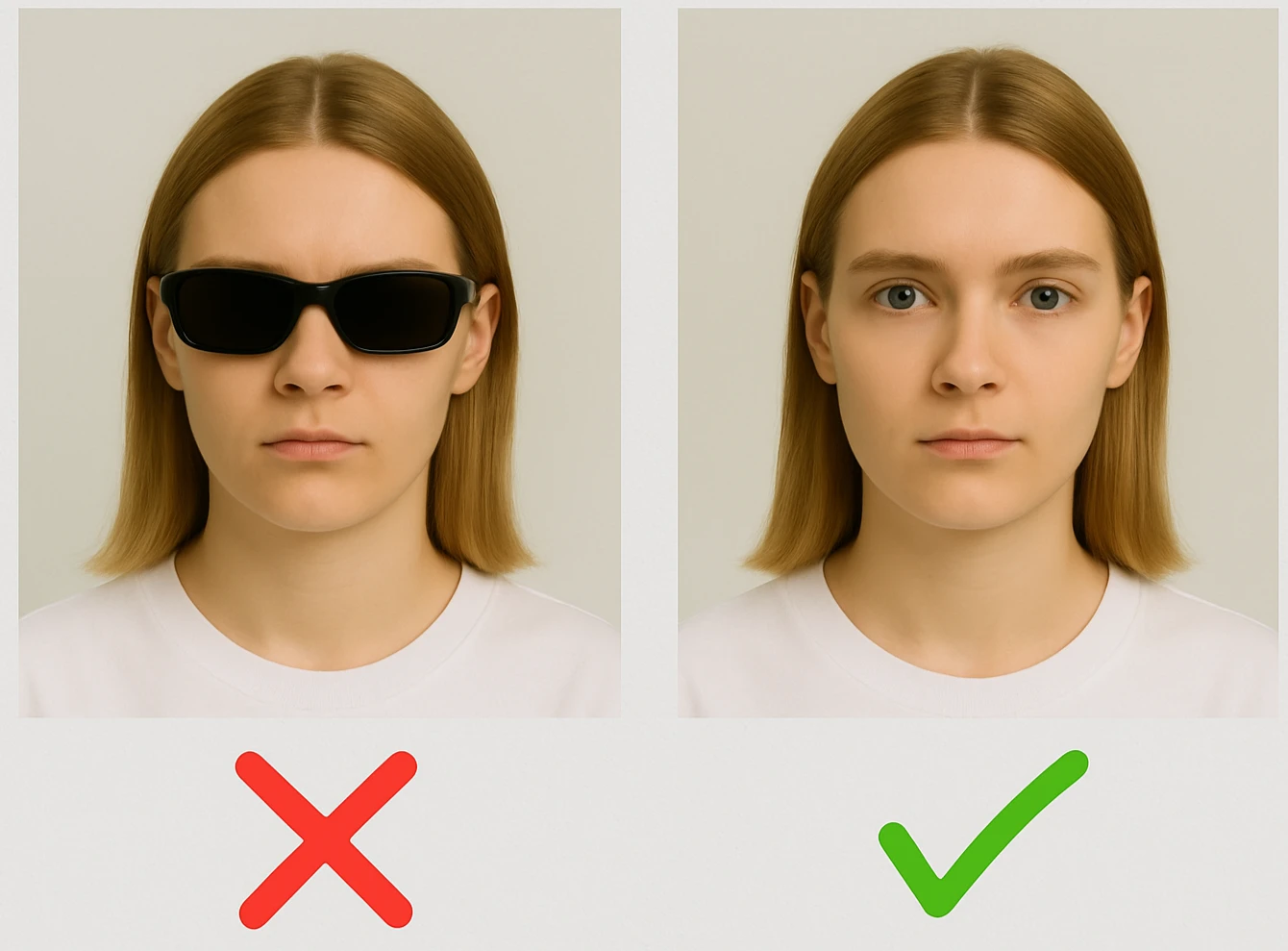 Wrong sunglasses versus right no-glasses passport photo