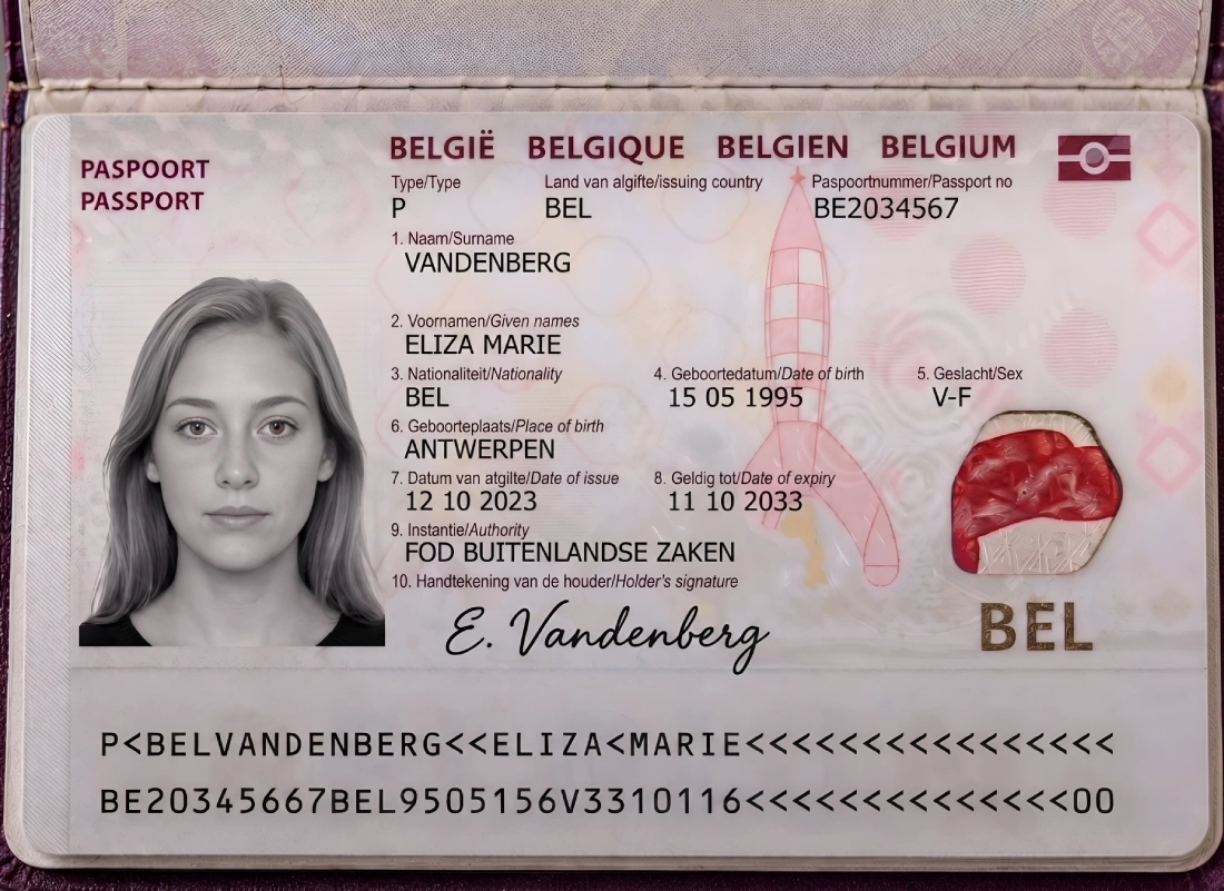 Sample passport bio-page scan showing MRZ lines clearly